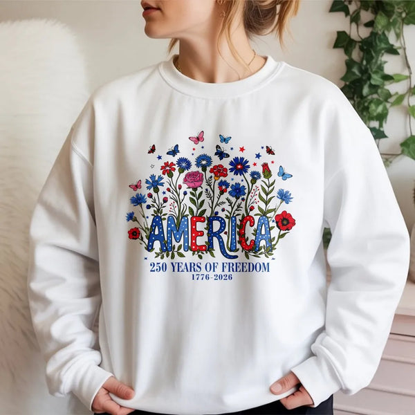 America 250 Years of Freedom Sweatshirt | Floral Butterfly Patriotic Design | Soft Cotton Polyester Blend | Gift for History Lovers