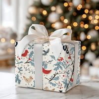 Festive Holly Berry Gift Wrap, Winter Bird Joy Christmas Wrapping Paper, Botanical Xmas Wrapping Paper