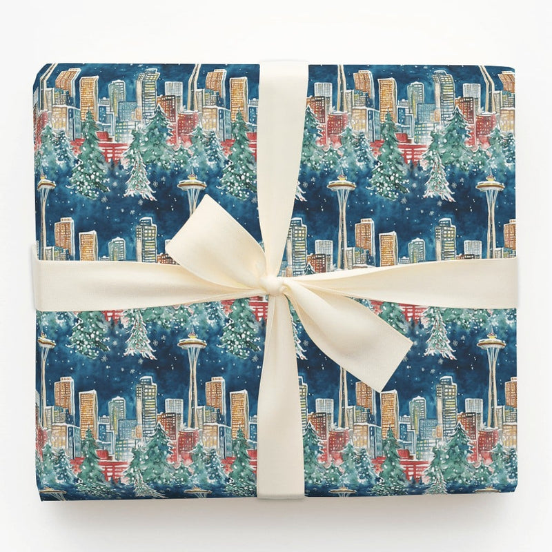 Space Needle Holiday Gift Wrap Roll, Seattle Skyline Christmas Wrapping Paper, Pacific Northwest Winter Wrapping Paper, City Gift Wrap Paper