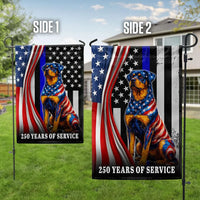 Rottweiler Thin Blue Line Garden Flag | 250 Years of Service Patriotic Dog | Double-Sided Weather-Resistant Polyester | Police Support Gift