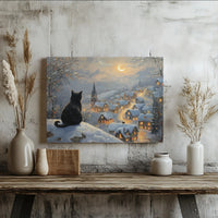 Snowy Winter Village Cat Canvas Print, Black Cat Christmas Canvas Art, Holiday Wall Art Canvas, Adorable Festive Pet Lover Home Decor Present