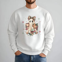 Comfy Ghost Drinking Coffee Crewneck, Christmas Ghost Sweatshirt, Gingerbread Plaid Ghost Pullover, Spooky Holiday Sweater, Xmas Present