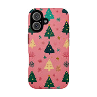 Whimsical Holiday Snowflake Pattern Case, Pink Christmas Tree Phone Case for iPhone, Girly Xmas Tough Phone Cover, Festive Present