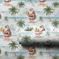 Beer Drinking Santa Gift Wrap, Tropical Beach Santa Wrapping Paper, Palm Tree Christmas Present Paper, Summer Holiday Wrapping Paper Roll