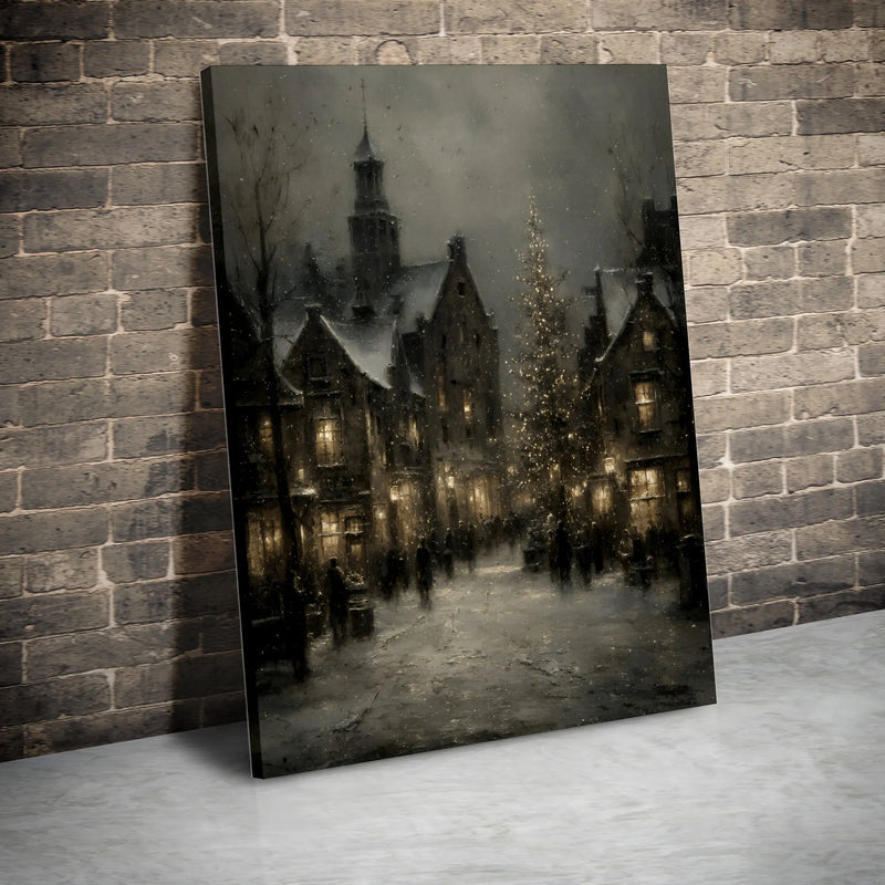 European Christmas Town Canvas Print, Winter Village Canvas Wall Art, Snowy Street Scene Wall Decor, Holiday Festive Canvas Art, Winter Present