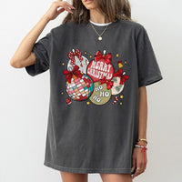 Coquette Bow Holiday Graphic Tee, Retro Christmas Ornaments T-Shirt, Vintage Xmas Tree Decor Shirt, Trendy Festive Holiday Top for Women