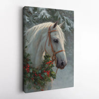 Holly Wreath Winter Scene Canvas Print, Christmas White Horse Canvas Wall Art, Farmhouse Horse Wall Art, Winter Holiday Canvas