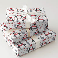 Santa Hat Holiday Gift Wrap, Watercolor Penguin Christmas Wrapping Paper, Winter Penguin Wrapping Paper, Snowy Tree Gift Wrap