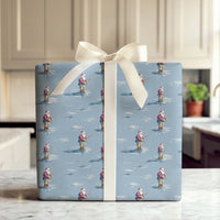 Wading Santa Christmas Gift Wrap, Fishing Santa Wrapping Paper, Icy Blue Winter Holiday Wrapping Paper, Outdoorsman Fishing Rod Gift Wrap