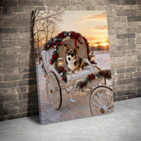 Dog in Poinsettia Garland Carriage Poster, Corgi Christmas Canvas Wall Art, Adorable Winter Puppy Holiday Digital Download, Pet Lover Present