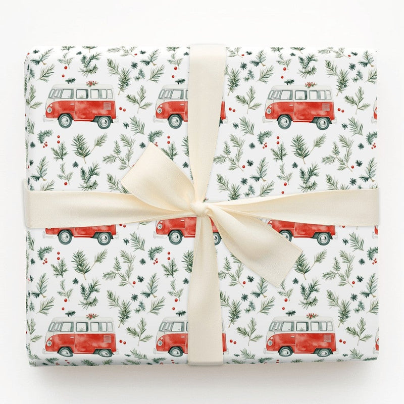 Retro Camper Van Gift Wrap, Vintage Red Camper Wrapping Paper, Christmas Camper Holiday Paper Roll, Winter Greenery Gift Wrapping Paper