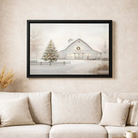 Snowy Red Barn and Christmas Tree Wall Art, Winter Farmhouse Canvas Print, Rustic Winter Holiday Canvas Decor, Comfy Xmas Season Present