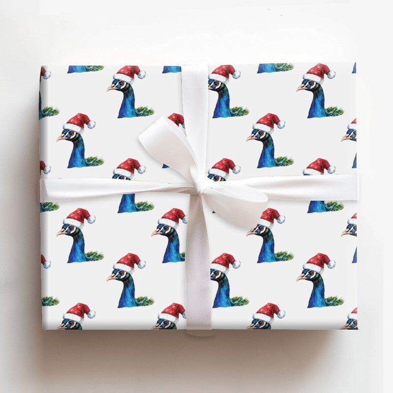 Watercolor Santa Hat Bird Gift Wrap Roll, Peacock Christmas Wrapping Paper, Elegant Holiday Wrapping Paper, Festive Winter Bird Gift Wrap