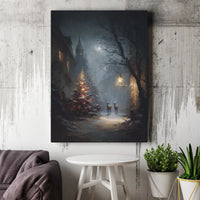 Snowy Forest Deer and Streetlamp Print, Christmas Canvas Wall Art, Winter Holiday Xmas Digital Download Poster, Festive Farmhouse Decor