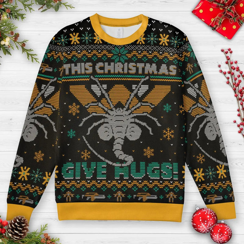 Xenomorph Facehugger Holiday Sweater, Alien Give Hugs Ugly Christmas Sweatshirt, Humorous Sci-Fi Movie Xmas All Over Print Pullover