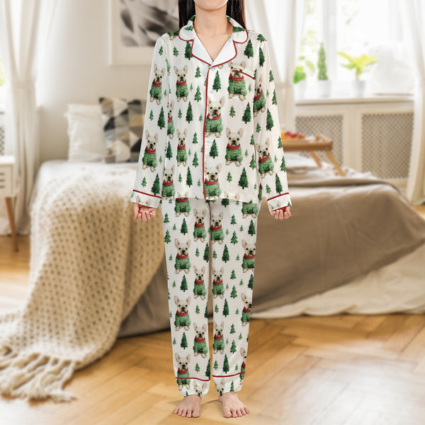 Christmas Dog Pajama Set, French Bulldog Satin Pajamas, Holiday Puppy Sleepwear Pajamas, Festive Frenchie Loungewear, Present