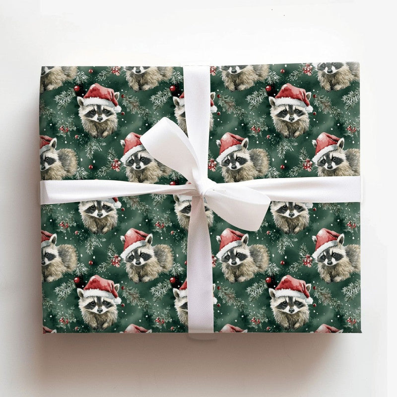 Woodland Animal Gift Wrap, Santa Hat Raccoon Wrapping Paper, Watercolor Christmas Wrapping Paper, Festive Winter Holiday Gift Wrap Paper