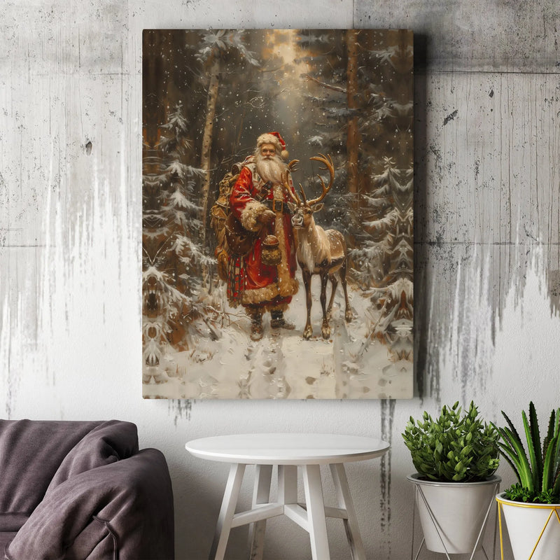 Snowy Forest Reindeer Canvas Print, Vintage Santa Claus Canvas Art, Retro Christmas Holiday Wall Art, Rustic Winter Scene Canvas Decor