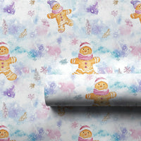 Pastel Winter Holiday Gift Wrap, Watercolor Gingerbread Man Wrapping Paper, Whimsical Christmas Wrapping Paper, Snowy Forest Gift Wrap Roll