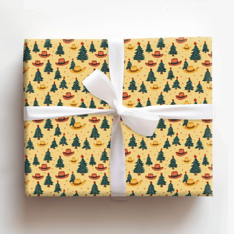 Cowboy Hat Holiday Gift Wrap, Western Christmas Wrapping Paper, Country Xmas Present Wrap, Rustic Pine Tree Christmas Wrapping Paper