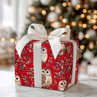 Holly Berry Christmas Gift Wrap, Winter Owl Wrapping Paper, Watercolor Woodland Bird Present Paper, Red Botanical Holiday Wrapping Paper