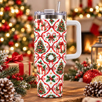 Wreath Candy Cane Holiday Tumbler, Red Bow Ribbon Lattice Christmas Tumbler, 40oz Insulated Christmas Travel Cup, Xmas Present for Her