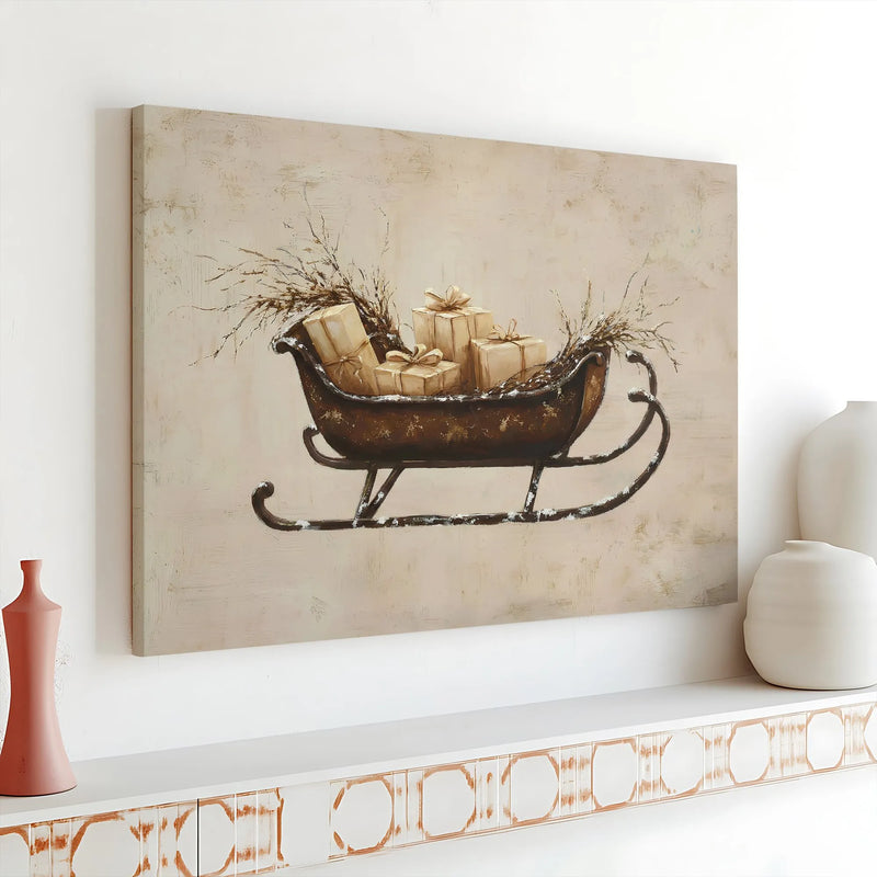 Vintage Winter Gift Box Print, Rustic Christmas Sleigh Digital Download, Holiday Farmhouse Poster, Festive Printable Wall Decor