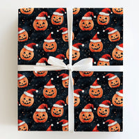 Halloween Christmas Gift Wrap, Jack-o'-Lantern Santa Hat Wrapping Paper, Spooky Holiday Wrapping Paper, Pumpkin Xmas Present Gift Wrap Roll
