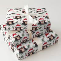 Santa Hat Monkey Gift Wrap, Chimpanzee Christmas Wrapping Paper, Humorous Animal Holiday Paper, Festive Pine Berry Present Wrapping Paper