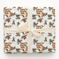 Winter Mountain Lion Gift Wrap, Watercolor Cougar Wrapping Paper, Pine and Berry Christmas Gift Wrap, Snowy Wildlife Holiday Wrapping Paper