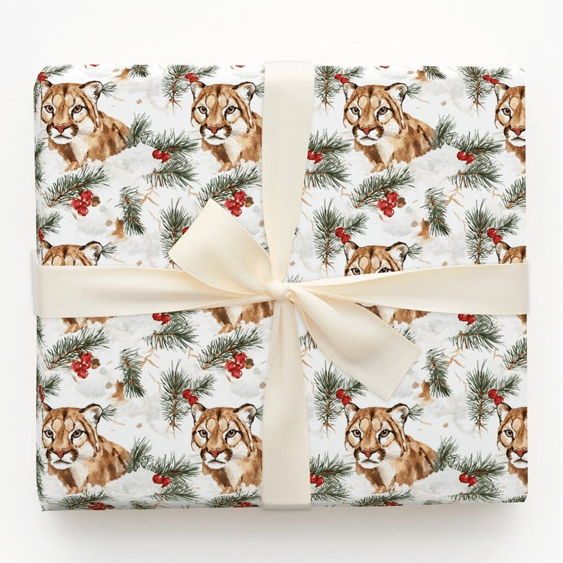 Winter Mountain Lion Gift Wrap, Watercolor Cougar Wrapping Paper, Pine and Berry Christmas Gift Wrap, Snowy Wildlife Holiday Wrapping Paper