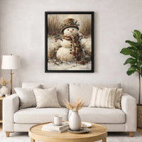 Vintage Winter Holiday Painting Print, Rustic Snowman Canvas Wall Art, Snowy Farmhouse Christmas Wall Decor, Seasonal Digital Download