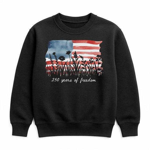 America 250 Sweatshirt | 250 Years of Freedom Floral Flag Watercolor Art | Soft Cotton Polyester Blend | Patriotic 4th of July Gift