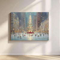 Urban Winter Holiday Canvas Print, Christmas Tree Ice Skating Poster, Comfy Snow Cityscape Wall Art, Seasonal Digital Download