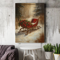 Snowy Forest Winter Canvas Art, Vintage Red Christmas Sleigh Canvas Print, Festive Holiday Canvas Wall Decor, Christmas Landscape Canvas