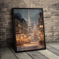 Winter Eiffel Tower Poster, Paris Christmas Canvas Wall Art, Snowy French Cityscape Print, Digital Download Holiday Home Decor