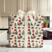 Poinsettia Nautical Holiday Gift Wrap, Coastal Lighthouse Christmas Wrapping Paper, Beach Christmas Wrapping Paper, Gift Wrapping Paper