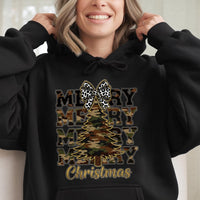 Rustic Leopard Bow Holiday Pullover, Merry Christmas Camo Hoodie, Country Hunting Season Sweatshirt, Adorable Xmas Tree Camouflage Hoodie