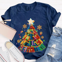 Crayon Christmas Tree Shirt, Art Teacher Christmas T-Shirt, Colorful Art Educator Holiday Graphic Tee, Snowflakes Lights Teacher Present