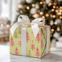 Pink and Green Pine Gift Wrap, Watercolor Christmas Tree Wrapping Paper, Festive Tree Present Paper, Holiday Wrapping Paper, Xmas Gift Wrap