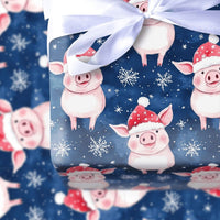 Santa Hat Piggy Holiday Gift Wrap, Adorable Christmas Pig Wrapping Paper, Whimsical Animal Present Wrap, Navy Winter Packaging Paper