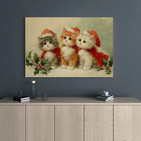 Vintage Cat Holiday Canvas Print, Three Kittens Christmas Canvas Wall Art, Adorable Kitten Wall Decor, Winter Festive Art, Cat Lover Xmas Present