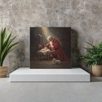 Baby Jesus Nativity Scene Oil Painting Print, Santa Kneeling at Manger Square Canvas Art, Christian Religious Christmas Canvas