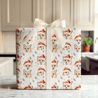 Adorable Woodland Animal Gift Wrap, Watercolor Fox Christmas Wrapping Paper, Santa Hat Winter Fox Wrapping Paper, Festive Holiday Gift Wrap Roll