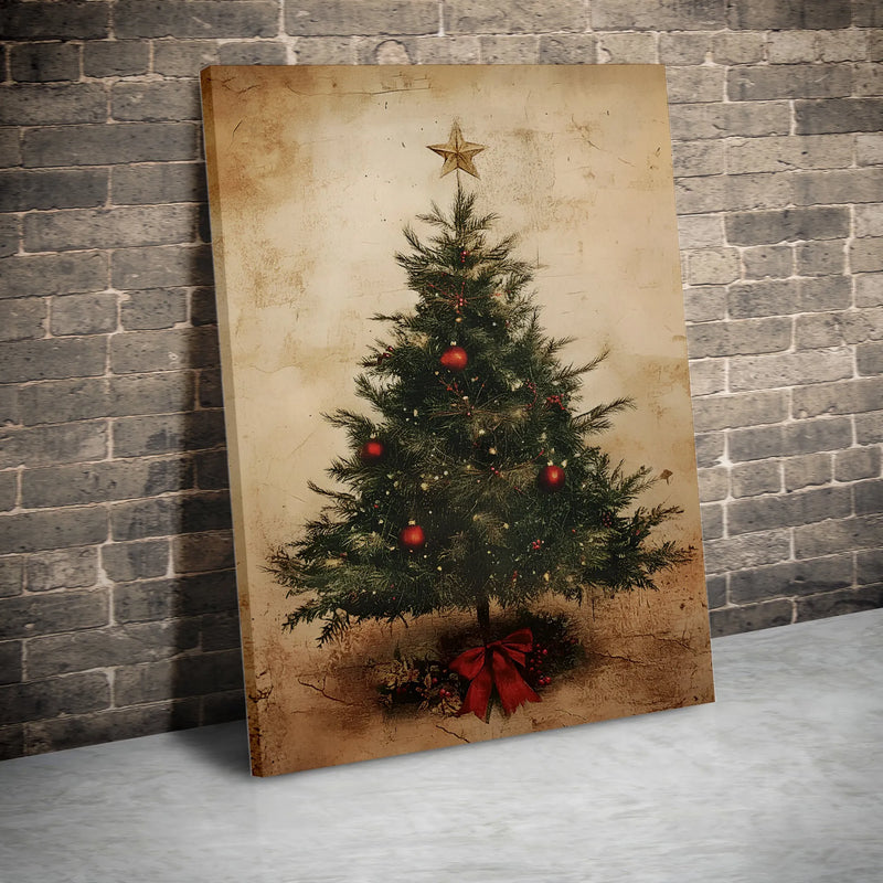 Rustic Holiday Canvas Wall Art, Vintage Christmas Tree Canvas Print, Red Ornaments Canvas Decor, Winter Xmas Wall Art, Festive Holiday Present