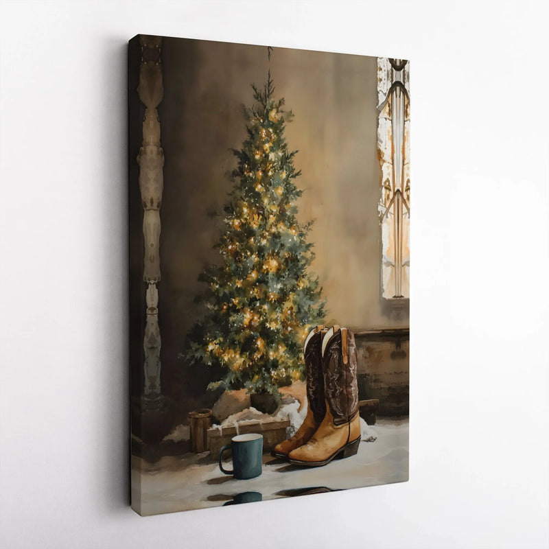 Cowboy Boots Canvas Print, Western Christmas Wall Art, Rustic Holiday Tree Wall Art, Cowgirl Western Wall Art, Digital Download Print