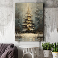 Snowy Winter Forest Landscape Poster, Glowing Christmas Tree Canvas Wall Art, Oil Painting Xmas Canvas Print, Digital Download Decor