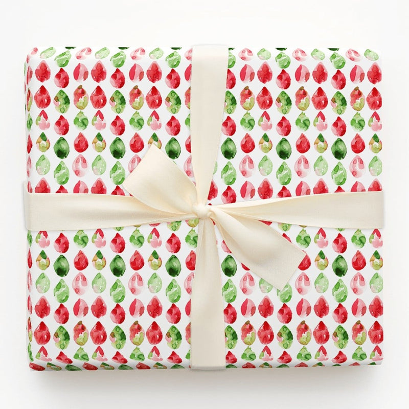 Red and Green Christmas Gift Wrap, Watercolor Gem Teardrop Wrapping Paper, Retro Holiday Teardrop Wrapping Paper, Festive Gift Wrap Roll