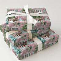 Snowy Winter Village Gift Wrap, Pink Christmas Wrapping Paper, Pastel Church Town Wrapping Paper, Retro Holiday Present Gift Wrap Roll