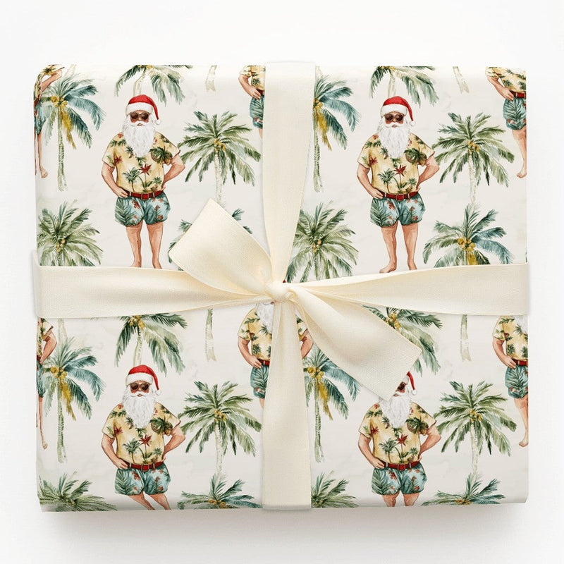 Hawaiian Vacation Santa Gift Wrap, Tropical Santa Wrapping Paper, Beach Palm Tree Holiday Present Paper, Humorous Christmas Wrapping Paper